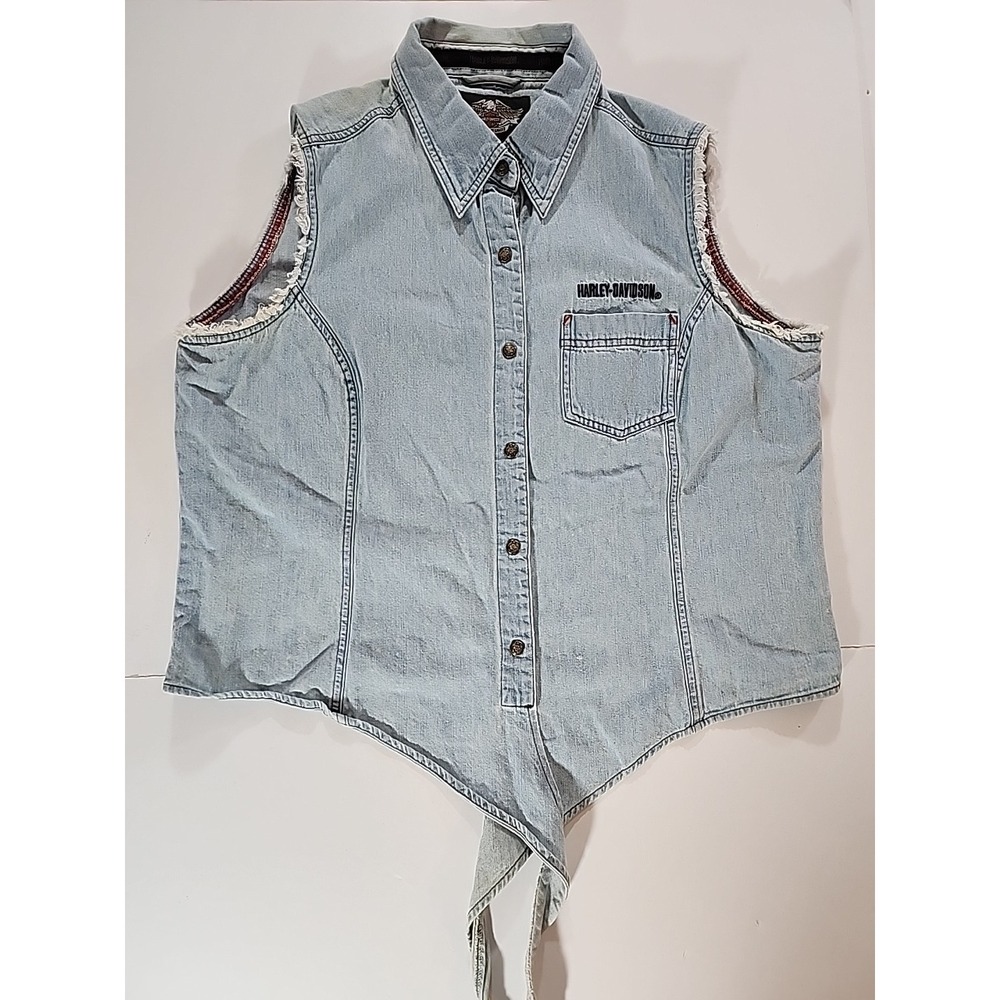 Vintage Harley Davidson Denim Biker Vest Womens 1W Patch Wings Cutoff Tie Front